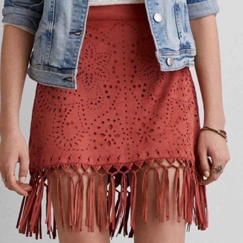 American Eagle Faux Suede Fringe Skirt